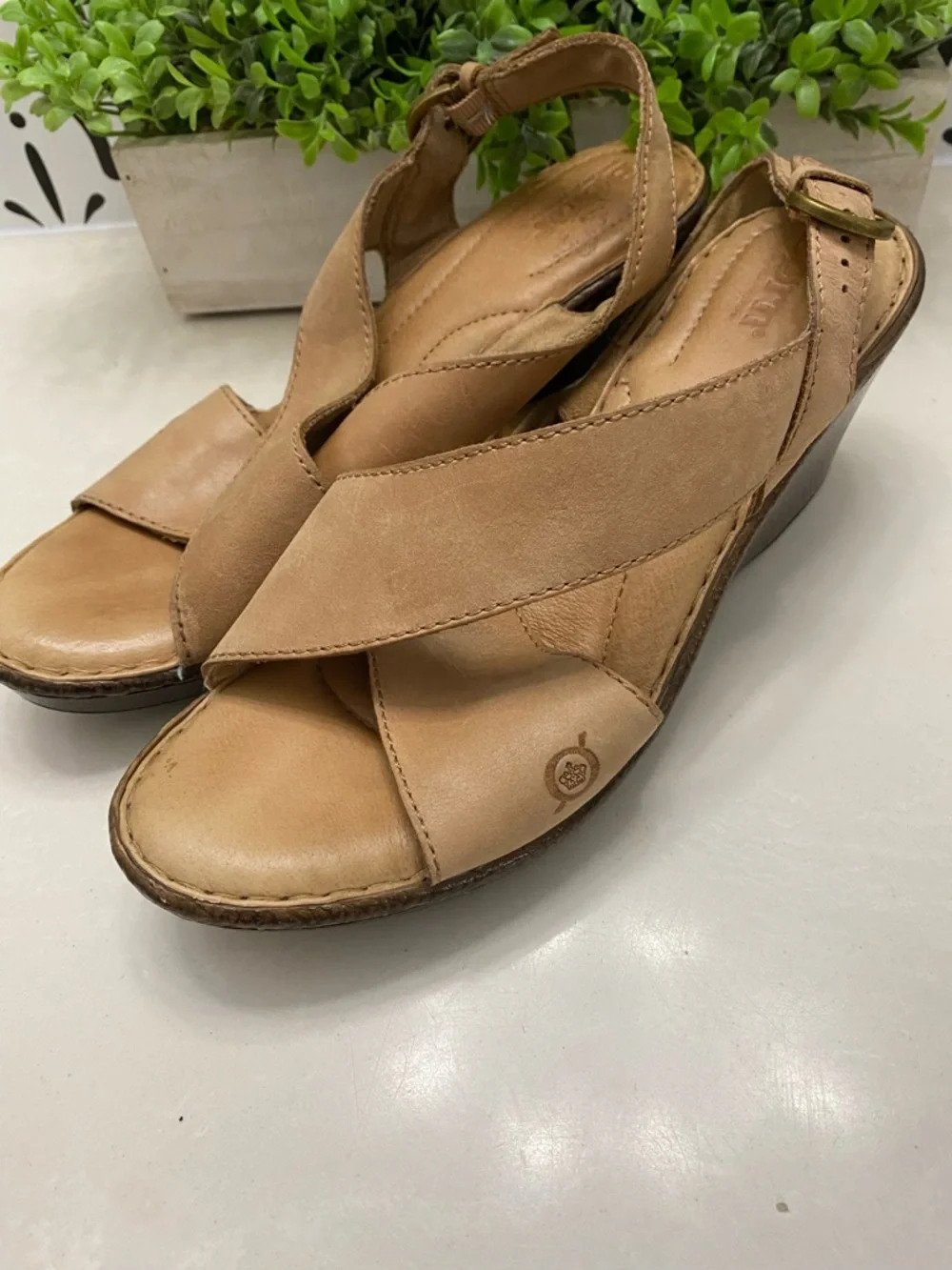 Børn Tan Leather Crisscross Slingback Wedge Sandals Opanka‎ Comfort Size 10